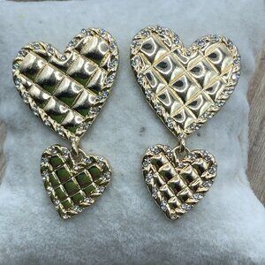 Sugarfix (BaubleBar) Quilted Gold Tone Rhinestone Double Hearts Earrings